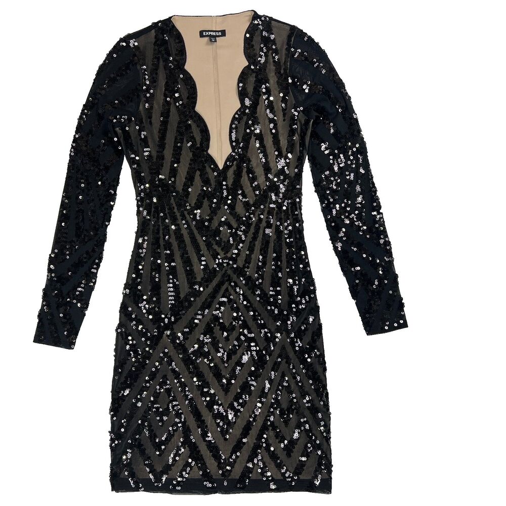 Express Sequin Little Black Dress Womens XS Scallop V Neckline Nude Lining Sheer